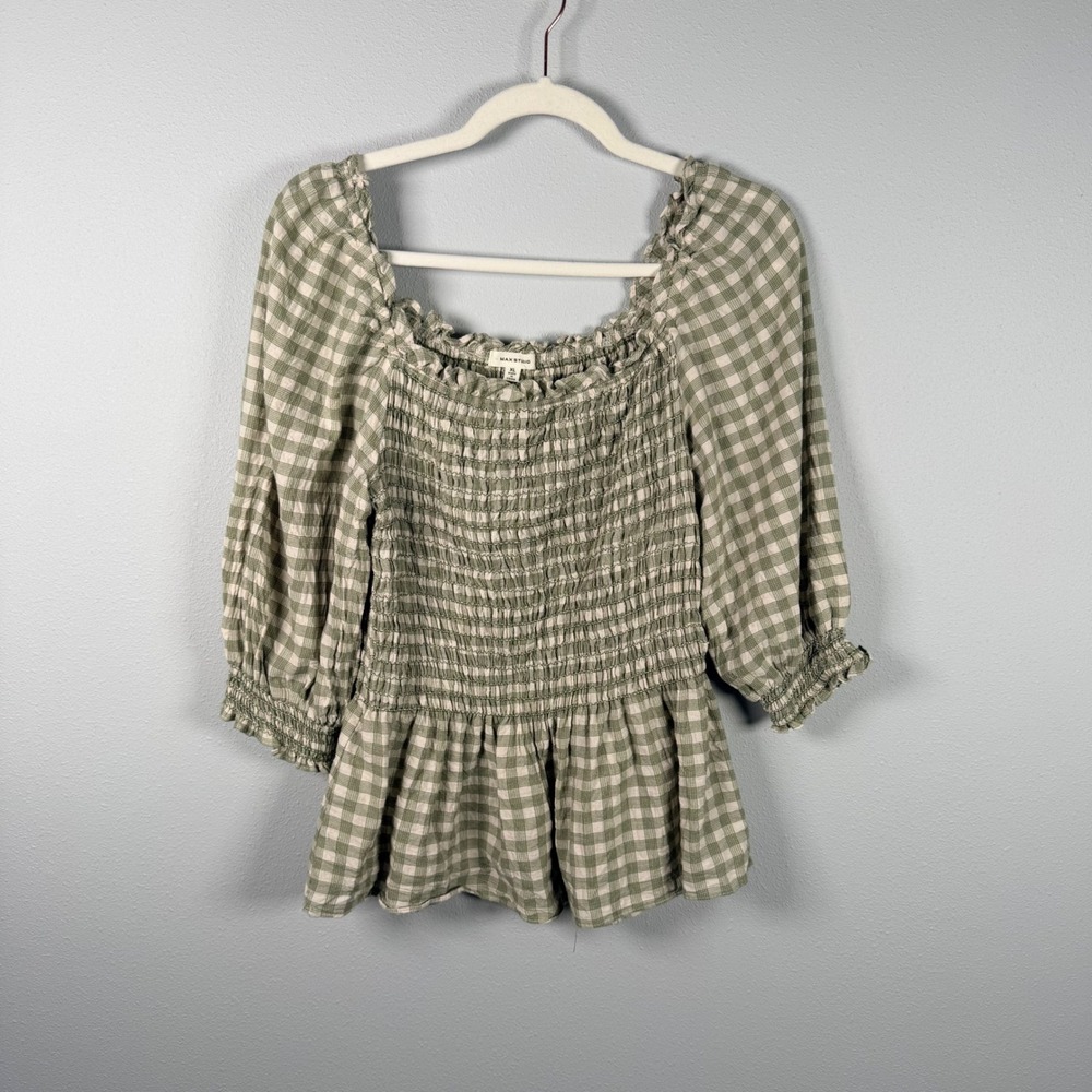 Max Studio Green Gingham Smocked Peplum Top XL Square Neck 3/4 Puff Sleeve
